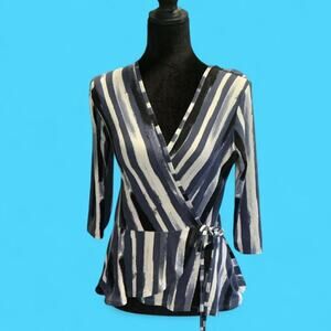 Bcx blue white striped faux wrap peplum top